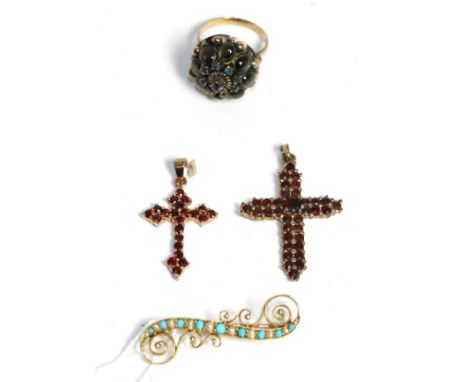A turquoise and seed pearl brooch stamped '15ct', a gem set ring and two cross pendants (4)Turquoise and seed pearl brooch - 