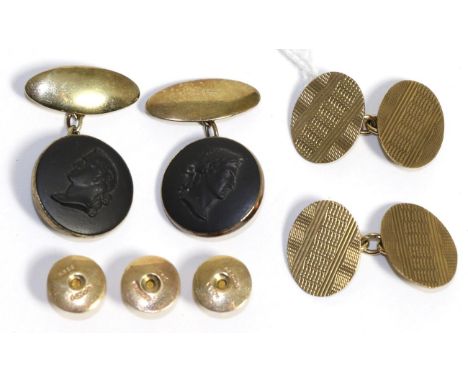 A pair of 9ct gold cufflinks, three 9ct gold studs and a pair of Wedgwood cufflinks Cufflinks - 5.5g gross. Three gold studs 
