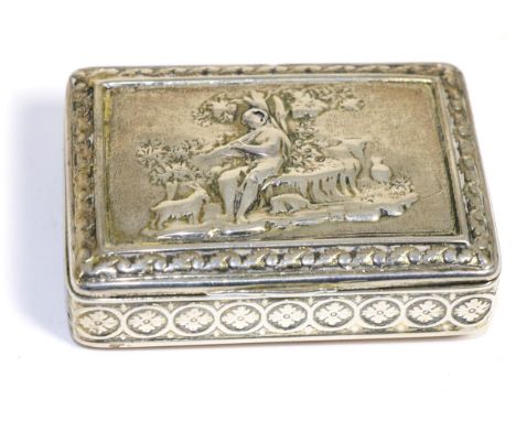 A George III silver snuff box, by Joseph Willmore, Birmingham, 1814, figural panel with shepherd boy and animals  2ozt