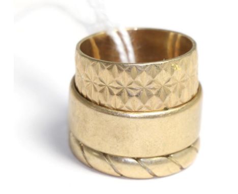 Three 9ct gold band rings Finger sizes - R, N & P, 11.6g gross. 