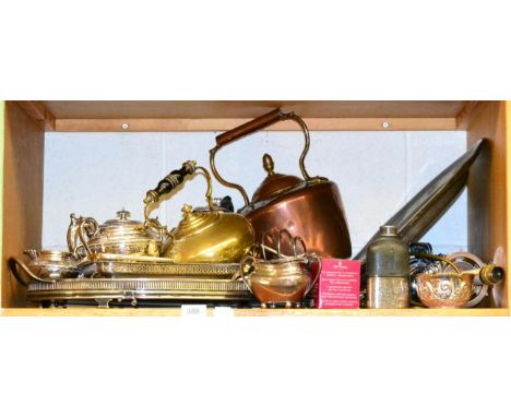 Silver plated oval tray, with wood insert, three piece Victorian tea service, pewter charger and other assorted metal wares