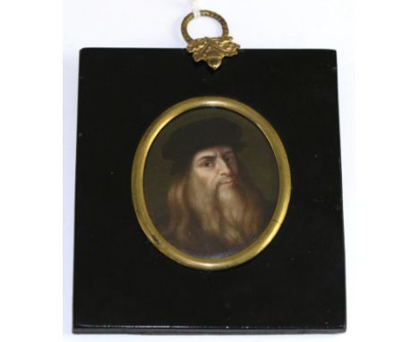 S Calestri after Leonardo da Vinci: miniature self portrait, signed oval, 6cm by 5cmSmall pin head section to lower right han