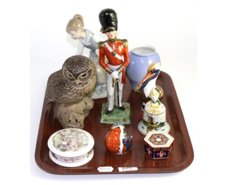 Two Royal Crown Derby paperweights, Lladro figure, Poole Owl etc. 