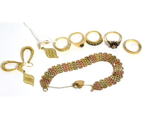 A 9ct gold gate link bracelet, three 9ct gold gem set rings, two 9ct gold band rings and two pairs of earrings Gate link brac