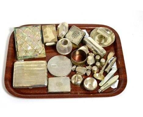 A 19th century mother of pearl card case (a.f.) together with a collection of silver including, cigarette box, compact, match