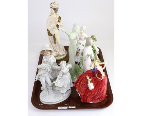 A tray of figures including Sitzendorf, Capodimonte, Royal Doulton, Coalport, Nao, etc