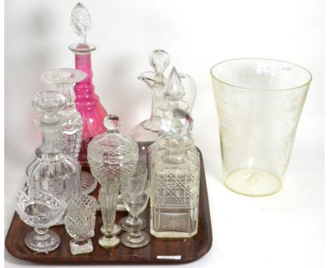 Assorted good quality cut glass including claret jug, candle stick, beaker vase etc