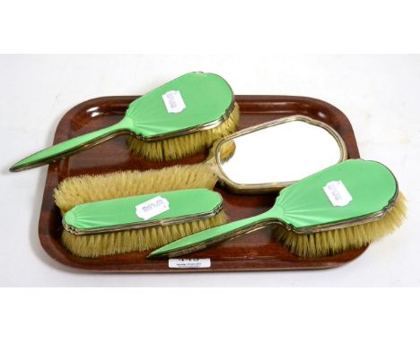 Silver and enamel five piece dressing table brush set