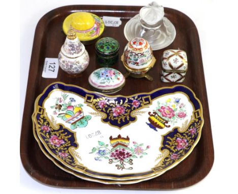 A Halcyon Days enamel egg, Limoges boxes, a Lalique scent bottle, two Royal Worcester dishes etc