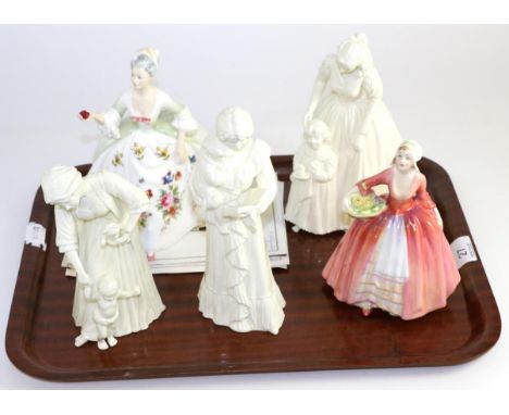 Two Royal Doulton figures Janet, HN1537; Diana HN2468; and three Royal Worcester figures, Once Upon a Tim; First Steps and a 