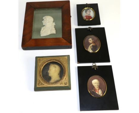 A waxed silhouette of Lord Nelson together with another waxed silhouette, a portrait miniature and two printed portrait minia