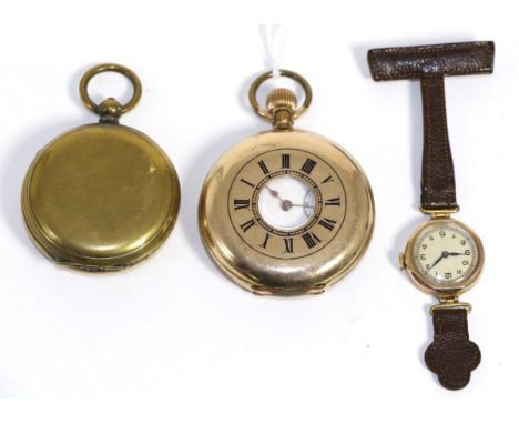 A gold plated half hunter pocket watch, a lady's 9ct gold watch and a compass