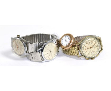 A plated chronograph wristwatch, two gents centre seconds wristwatches and a lady's 9ct gold wristwatch (4)