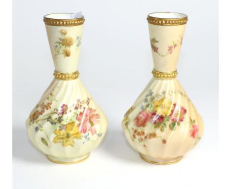 A pair of Royal Worcester blush ivory vases, with floral and gilt decoration