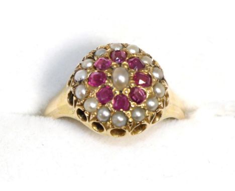 A 15ct gold ruby and seed pearl ringFInger size M, 3.5g gross