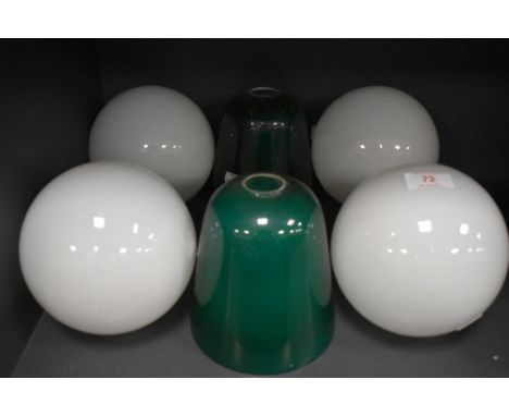 Six vintage lamp shades, four in white glass and two green.