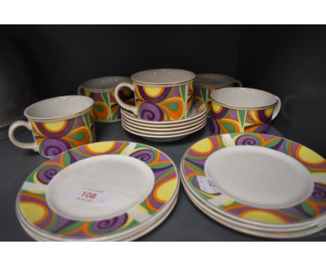 A collection of Enoch Wedgwood cups and saucers and side plate having psychedelic pattern.