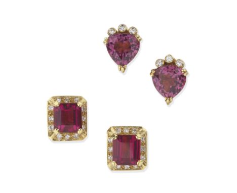 TWO PAIRS OF TOURMALINE AND DIAMOND EARRINGS, CIRCA 19881st: Step-cut pink tourmalines and brilliant-cut diamonds, 2nd: Pear-