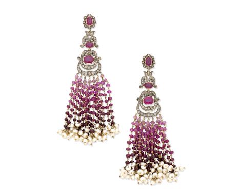 RUBY AND DIAMOND TASSLE PENDENT EARRINGSOval-cut rubies and rose-cut diamonds, suspending facetted ruby and pink sapphire bea