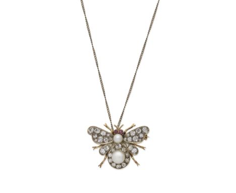 PEARL AND DIAMOND BEE BROOCH, MID-LATE 19TH CENTURYThe 7.0mm and 4.7mm button-shaped pearls, with cushion-shaped diamonds and