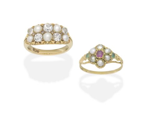 TWO PEARL AND GEM-SET RINGS, MID - LATE 19TH CENTURY1st: Cushion-shaped diamonds and seed pearls, 2nd: Cushion-shaped ruby, s