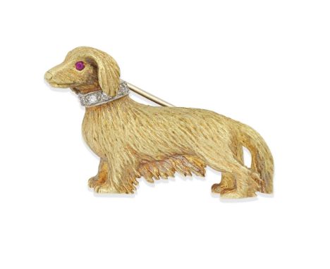 E WOLFE &amp; CO: RUBY AND DIAMOND DACHSHUND BROOCH,Circular-cut rubies and brilliant-cut diamonds, mounted in 18 carat gold,