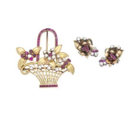 RUBY AND DIAMOND BASKET BROOCH AND EARCLIPS, MID 20TH CENTURYCalibré and circular-cut rubies and brilliant and single-cut dia