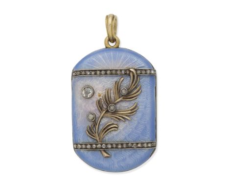 DIAMOND AND ENAMEL LOCKET, EARLY 20TH CENTURYDecorated with blue opalescent guilloche enamel, with applied rose and cushion-s