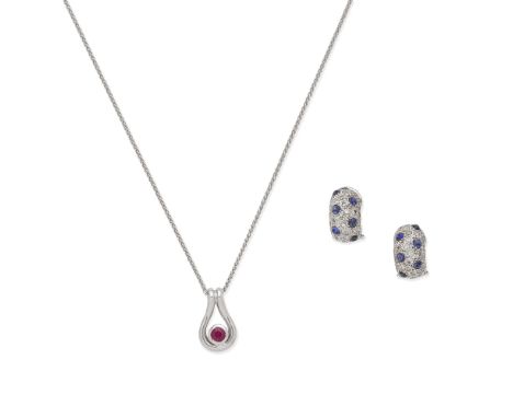 RUBY PENDANT NECKLACE; SAPPHIRE AND DIAMOND EARRINGS1st: Circular-cut ruby pendant and chain, mounted in 18 carat white gold,