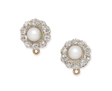 PEARL AND DIAMOND EARSTUDS4.6mm - 4.7mm pearls, old and cushion-cut diamonds, pearls untested, length 1.2mm, cased by Harvey 