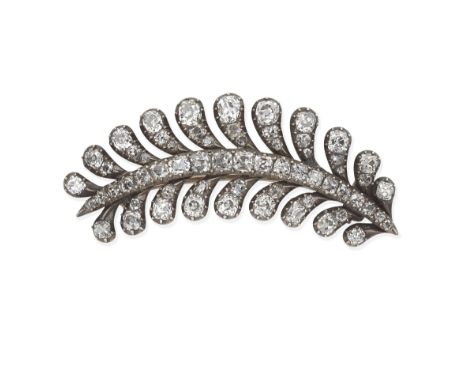 DIAMOND FEATHER BROOCH, 19TH CENTURYOval and cushion-cut diamonds, mounted in silver and gold, later pin fitting, diamonds ap