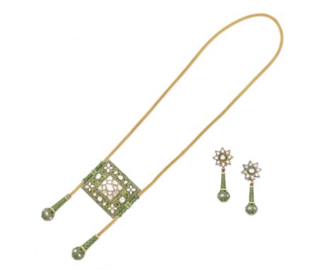 DIAMOND AND ENAMEL EARRING AND NECKLACE SUITE, 20TH CENTURYTable-cut diamonds, decorated throughout with polychrome enamel, l