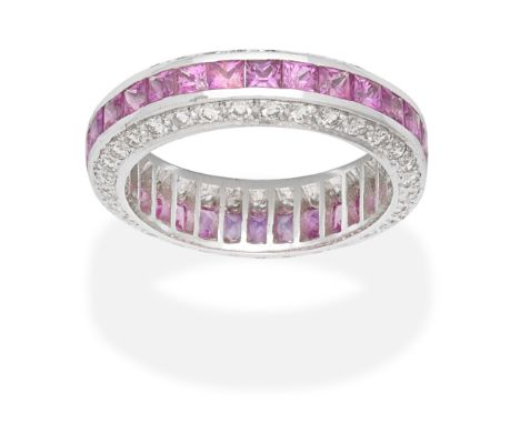 PINK SAPPHIRE AND DIAMOND ETERNITY RINGSquare step-cut pink sapphire and brilliant-cut diamonds, ring size approx. L½For furt