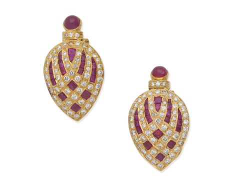 RUBY AND DIAMOND EARRINGSCabochon and calibré-cut rubies and brilliant-cut diamonds, diamonds approx. 1.05ct total, length 2.