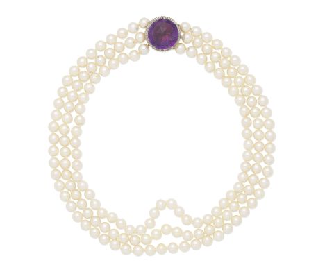 CULTURED PEARL, AMETHYST AND DIAMOND NECKLACEThe three rows of 7.5mm cultured pearls, on a clasp set with a checkerboard-cut 