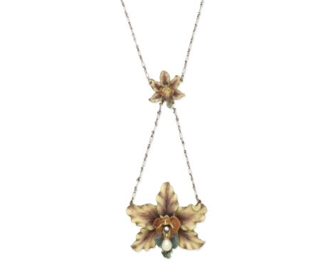 ART NOUVEAU ENAMEL, PEARL AND DIAMOND ORCHID NECKLACE/BROOCH, CIRCA 1900Realistically designed as two orchids decorated with 