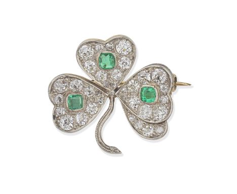 EMERALD AND DIAMOND CLOVER BROOCH, EARLY 20TH CENTURYSquare step-cut emeralds and cushion and rose-cut diamonds, diamonds app