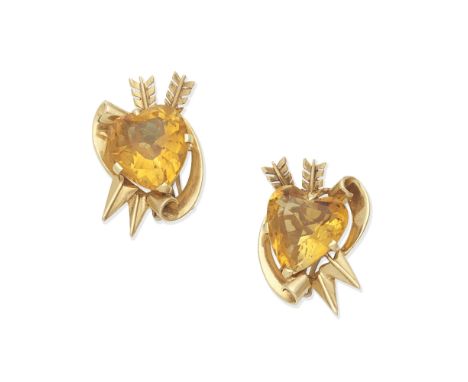 CITRINE EARCLIPS, MID 20TH CENTURYOf heart and arrow design, set with a heart-shaped citrine, length 3.0cmFor further informa