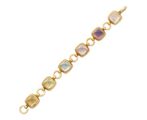 GEM-SET BRACELETSet with sugarloaf-cut citrine, aquamarine and amethyst, mounted in 18 carat gold, Robinson &amp; Pelham make