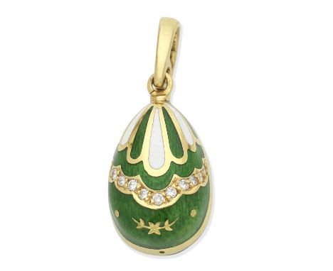 FABERGÉ: ENAMEL AND DIAMOND EGG PENDANTGreen guilloche enamel and brilliant-cut diamonds, signed Fabergé, maker's mark VM for
