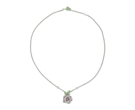 DIOR: DIAMOND, GARNET AND PINK SAPPHIRE 'ROSE BAGATELLE' NECKLACEThe rose set with brilliant-cut diamonds, and circular-cut g