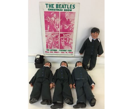 BEATLES DOLLS, WATCH & POSTER. Set of four Beatles dolls with ceramic heads and feet made by unknown manufacturer (three out 