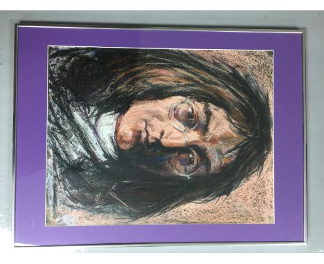BEATLES - SHAHIN MEMISHI PORTRAIT. Portrait of John Lennon by Shahin Memishi, framed. Oil on board. Frame measures 61cm acros