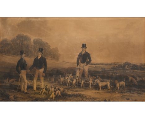 A Victorian beagling print in original maple wood frame, 40cm x 70cm 