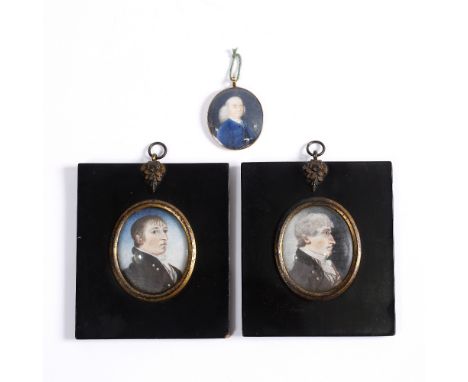 A miniature oval portrait of gentlemen probably on ivory in a pinchbeck frame and two other miniature portraits