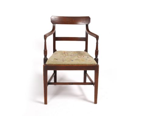 A 19th Century mahogany inlaid elbow chair with tapestry seat, 87cm high