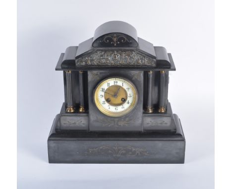 A Victorian black marble mantel clock  with striking movement, 37cm