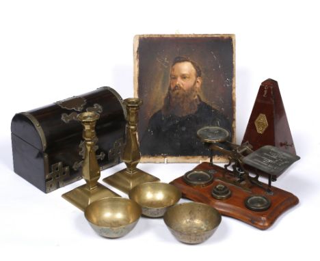 A  Victorian coromandel correspondence box a metronome, postal scales, brass candle sticks and a few other pieces