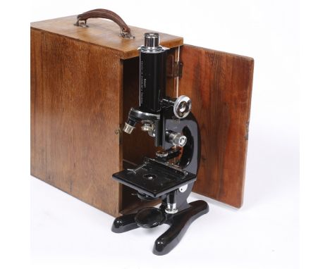 A Beck 'Model 47' monocular microscope with wooden case and x10  eyepiece