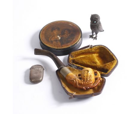 A horn snuff box a silver vesta case, a filigree miniature owl and a cased pipe